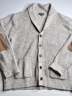 Orvis Sweater Mens XL Gray Wool Blend Shawl Collar Knit Cardigan Elbow Patches